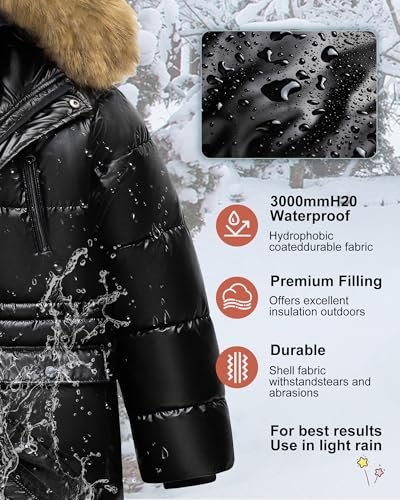 Image of Boy's Winter Coat Waterproof Kids Puffer Jacket Thicken Parka Fleece Lined Bubble Ski Snow Outerwear with Fur Hood