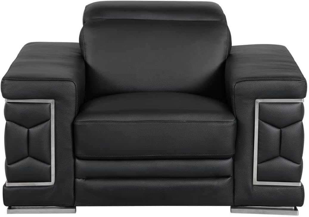 Blackjack Furniture Usry Top Grain Italian Leather Set with Multi-Position Adjustable Headrests, Elegant Contemporary Design with Chrome Trim and Durable Wood Frame, Chair, Loveseat, Sofa Set, Black
