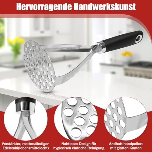 Foto von Kartoffelstampfer Edelstahl - Hochbelastbar & Lebensmittelecht, Mit Soft-Griff, Stampfer Küche Kartoffelpresse Spülmaschinengeeignet Für Kartoffelpüree, Gemüse, Obst, Marmelade Und Mehr