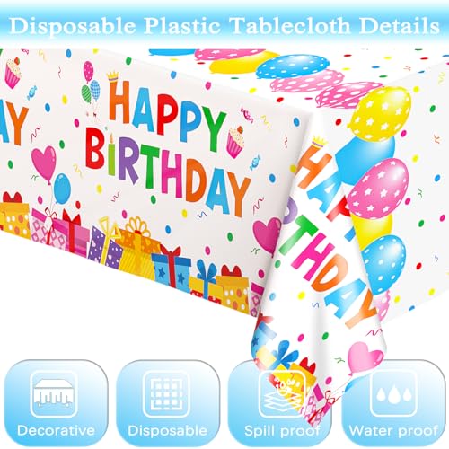 Image of WNINK 4 Pack Happy Birthday Plastic Tablecloths, 54x108 Inch Disposable Waterproof Birthday Party Table Covers, Colorful Polka Dot Rectangle Tablecloths for Kids Boys Girls Birthday Decorations