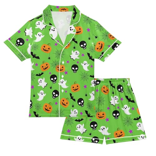Satin Pajama Sets Short Sleeve Halloween Pattern with Ghosts Bats Button Down Silky Nightwear 2 Piece PJS 5-14Y