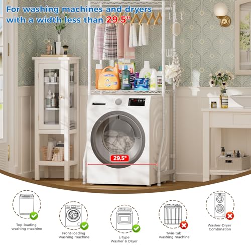 Image of Golpart Over Washer and Dryer Shelves,2 Tier Adjustable Height Wire Shelving Laundry Room Storage Organization Clothes Drying Rack with Hanger Rod&Hooks,Space Saving Organizers Shelf,White