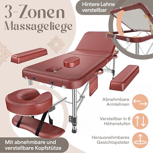 KESSER® Massageliege 3 Zonen bis 250kg, Massagetisch klappbar, verstellbar, tragbarer Koffer, Kosmetikliege, Therapieliege, Zubehör, Alu-Kopfstütze, Armlehne, Tragetasche, Anti Rutsch, 60cm, Bordeaux 3