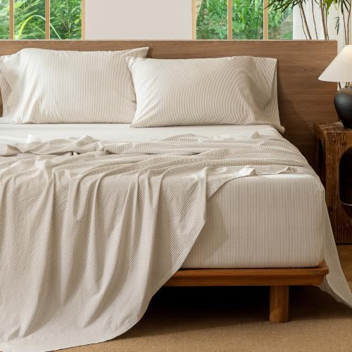 Image of MooMee Striped Sheet Set 100% Washed Cotton Linen Like King