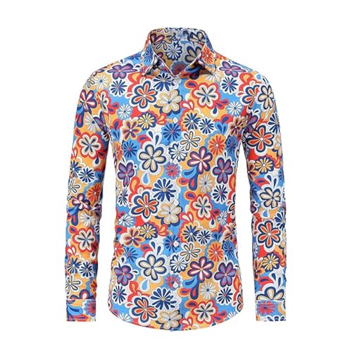Generisch S Camisa de negocios para hombre, manga larga, diseño floral, dobladillo de negocios, con botones, para tiempo libre, camisa de flores, tallas grandes, azul, L