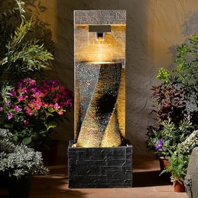 KAISOKU 39.8" H Large Modern Indoor Water Fountains Floor Standing Waterfall Fountain for Indoor or Outdoor with LED Lights and Pump for Deck, Patio, Porch, Garden, Yard Decor