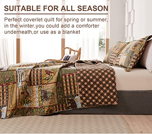 Ycosy Rustic Quilt Bedding Set Full/Queen Size Bedspread Coverlet Plaid Lodge Cabin Bedding Patchwork Country Quilts Brown Bear Lightweight Reversible Quilts Foreat Queen Bed Set With 2 Pillow Shams #TOP4
