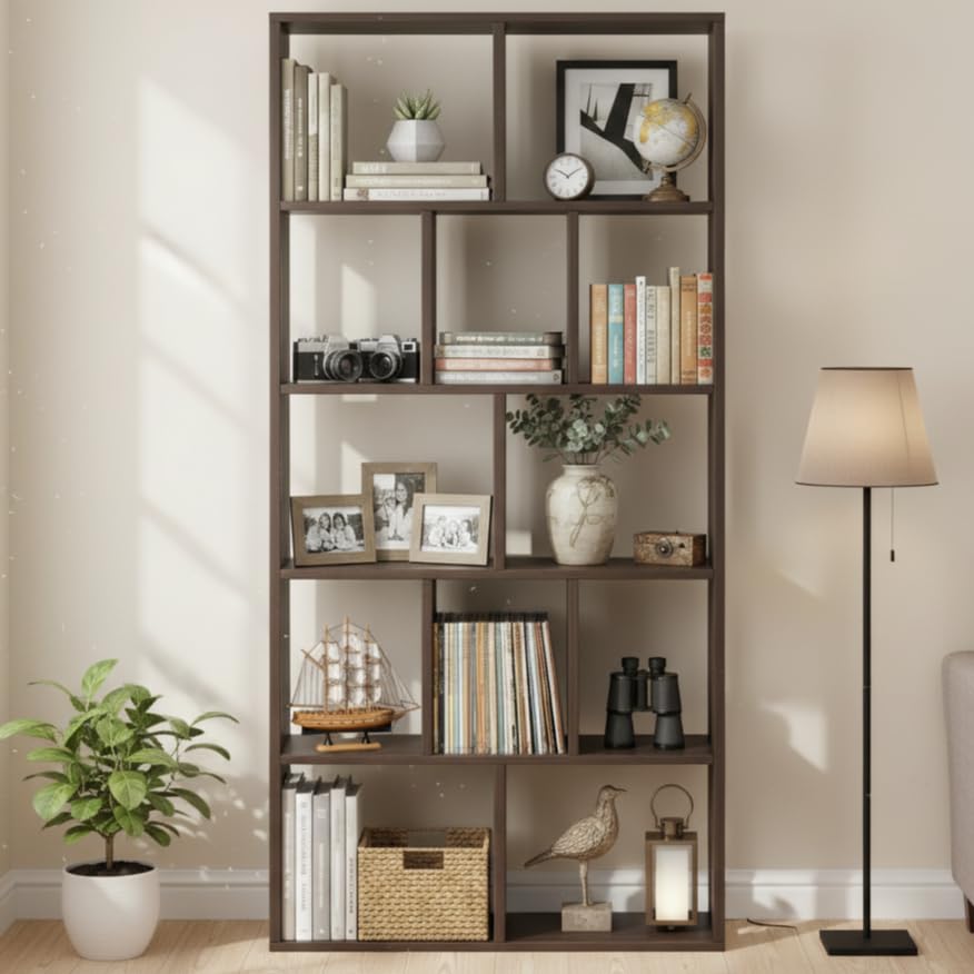 Image of FURNEASER Hallen Multi-Compartment Wooden Bookshelf with 5-Tier Storage � Modern Display Rack for Home & Office | Space-Saving Vertical Bookcase � 159 x 60 x 25 cm (Wenge Finish)