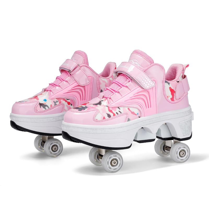 Double Row Skate Shoes, 2 in 1 Parkour Shoes with Wheels for for Adult Kids Retractable Pulley Sneakers Roller Skate Shoes