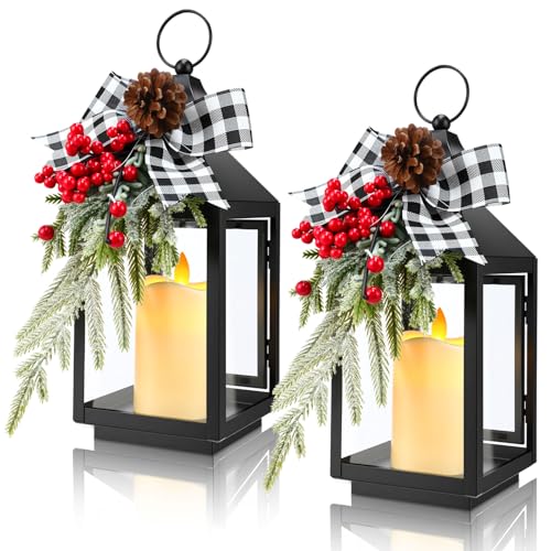 2 Pcs 14 Inch Christmas Lanterns Decorative Outdoor for Porch with LED Candle Pine Cones Holly Berry Metal Hanging Vintage Lantern with Plaid Ribbon Bow for Indoor Home Table Deco(White Plaid)