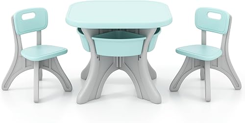 Miniatura 15 de DORTALA Juego de mesa y silla para niños, mesa de actividades de plástico para niños y 2 sillas con cubos de almacenamiento, mesa y sillas para