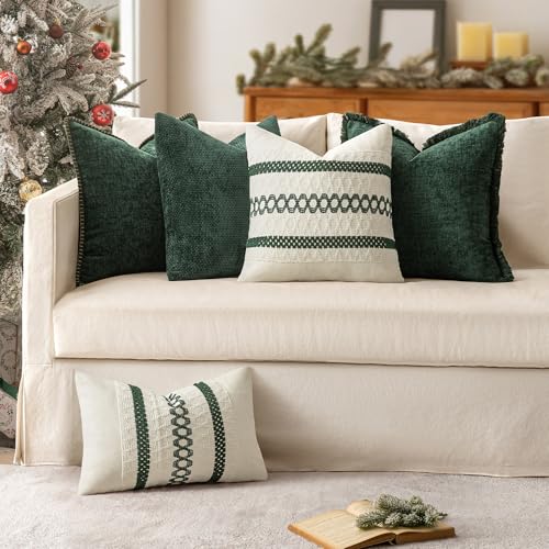 Image of MIULEE Set of 2 Dark Green Boho Decorative Lumbar Pillow Covers 12x20 Inch | Farmhouse Couch Throw Pillows Modern Cotton Cushion Cover Macrame Woven Home Decor for Bed Sofa Chair