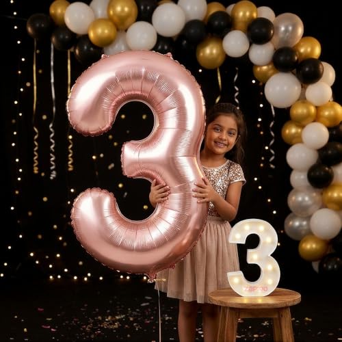 Image of Balloonistics Rose Gold 40-Inch Foil Number 3 Balloon with Matching LED Marquee Light - Combo Set for 3rd Birthday, Anniversary, Party Decoration, Photo Booth Backdrop, Cake Table Decor