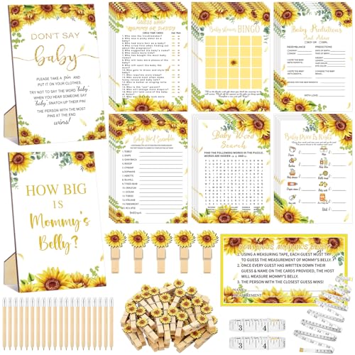 Funnymoom 426 Pcs Sunflower Baby Shower Games Set-8 Games Includes Baby Shower Bingo Price is Right Guess Who Word Scramble Prediction and Advice How Big is Mommys Belly Dont Say the Words