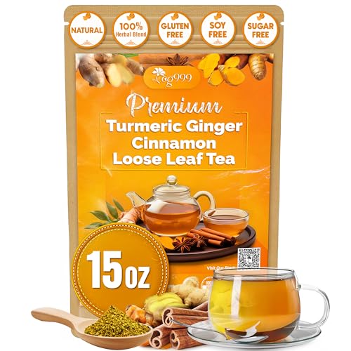 Image of TOG999, Premium 15oz Ginger Turmeric Cinnamon Loose Leaf Herbal Tea - Premium Quality Spiced Herbal Blend - Caffeine-Free, Non-GMO, Natural Dried Roots and Bark. Vegan-Friendly.
