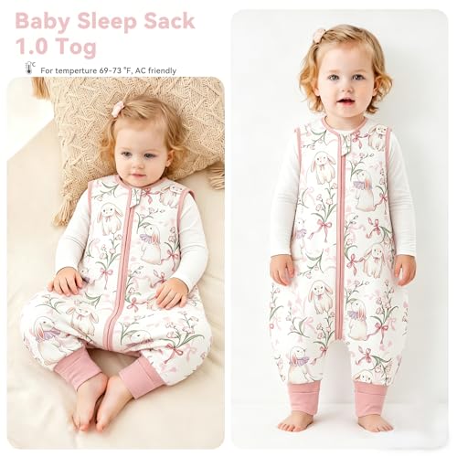 Image of Chilsuessy Toddler Sleep Sack with Feet 6-18 Months, 0.5 TOG Cotton Baby Wearable Blanket with Legs, Sleep Bag Walker with 2-Way Zipper, Rabbit