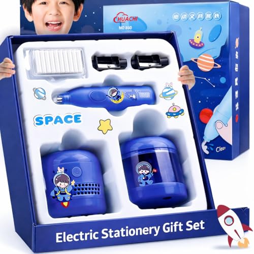 Image of Magicwand Battery Operated Pencil Sharpener,Electric Eraser,Vacuum Cleaner Stationery Set with 10 Eraser Refills for Kids,Adults for Home Office School【Dark Blue】