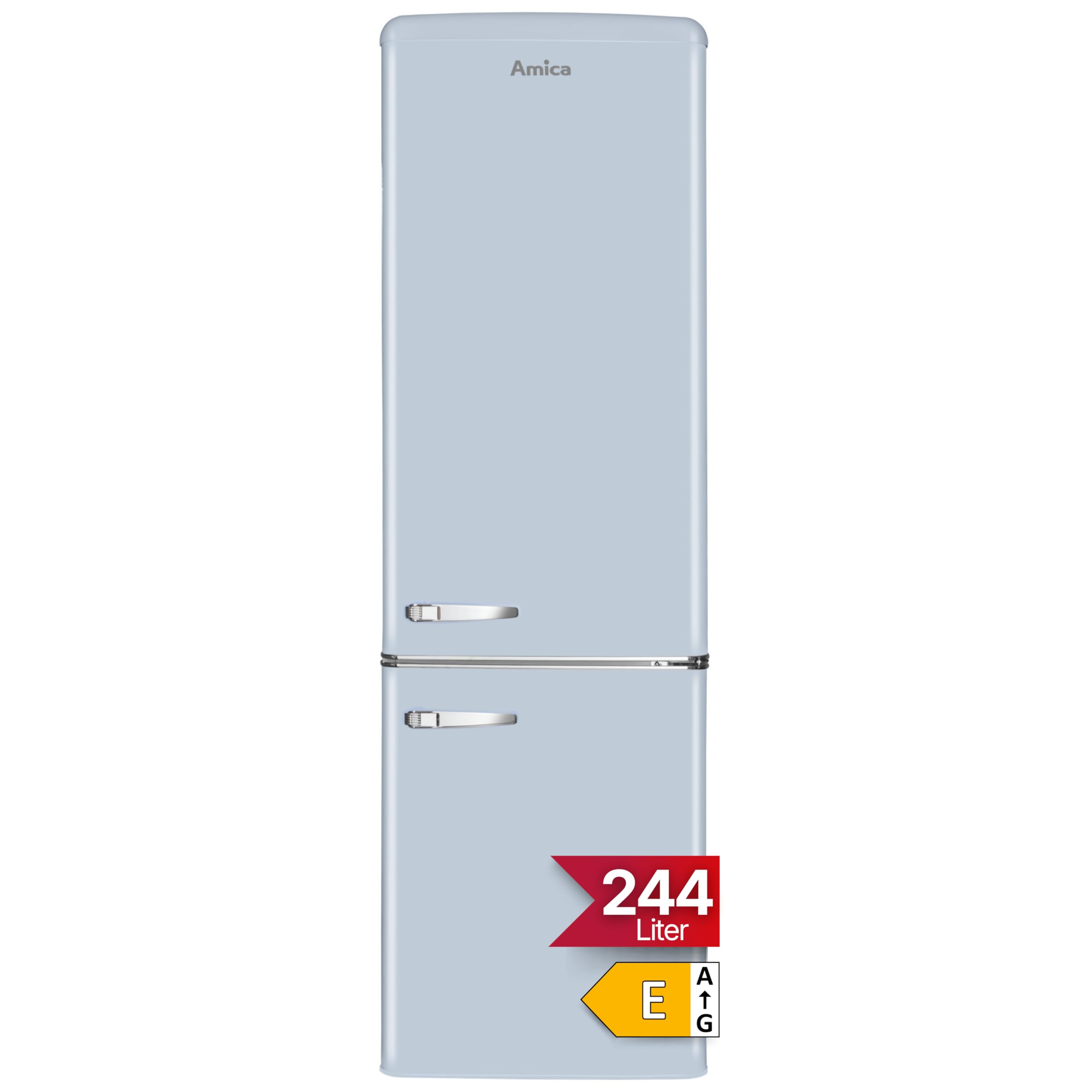 Amica KGCR 387 100 L Retro Kühl-/Gefrierkombination / Baby Blue (Hellblau) / 181cm (H) x 55cm (B) x 62cm (T) / Retro-Design / Kühlschrank mit Gefrierfach