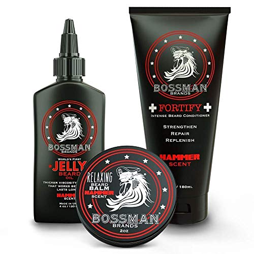 Bossman Essentials Beard Kit - Made in USA - Jelly Beard Oil - Conditioner - Beard Balm - Natural Ingredients (Hammer Scent)