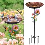 SMFANLIN 11 Inch Metal Bird Bath for Outside, Freestanding Birdbath Feeder Bowl with Stake for Outdoors, Bird Baths with Upgraded 5-Pronged Base for Garden Patio Yard Lawn Decor (Vintage Rose-red)