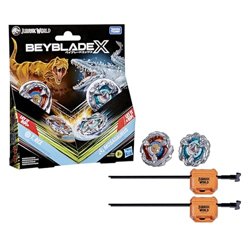 Beyblade X Jurassic World Collab T. Rex vs. Mosasaurus Multipack Set, 2 Takara Tomy Tops, 2 launchers, Battling Top Game, Dinosaur Toys, Ages 8+ by Beyblade - Used condition - US$22.34