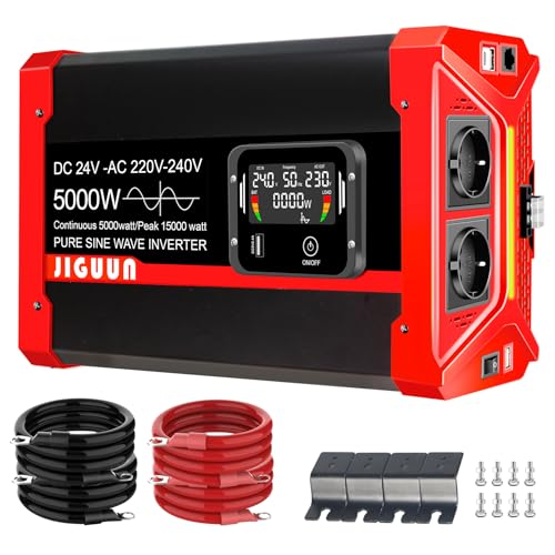 JIGUUN 5000W/15000W Inversor 24V 220V Onda Pura Convertidor Inverter con 2 Tomas EU y 3 Puertos USB y Tycp-C, Adecuado para Autocaravana, Camiones, Camping, Sistemas Fuera de la Red y más
