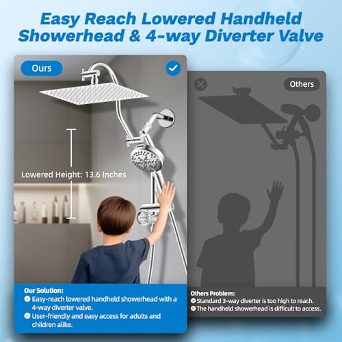 Image of Hibbent High Pressue All Metal 12 inch Rainfall Shower Head, Handheld 10-Spray | cUPC Certified Chrome Dual Showerhead Combo, 4-way Diverter with Pause Mode, Brass Extension Arm, 71'' Shower Hose & Holder
