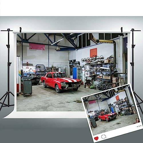 Garage Car Repair Backdrop Indoor Fix Garage Equipment Tools 7x5ft Red Car