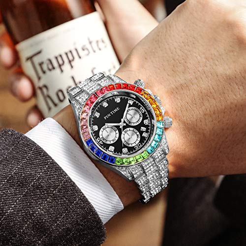 Gosasa Mens Womens Full Diamond Watch Bling-ed and Colorful Dial Hip Hop Rocks Crystal Stainless Steel Bracelet Wrist Watch3