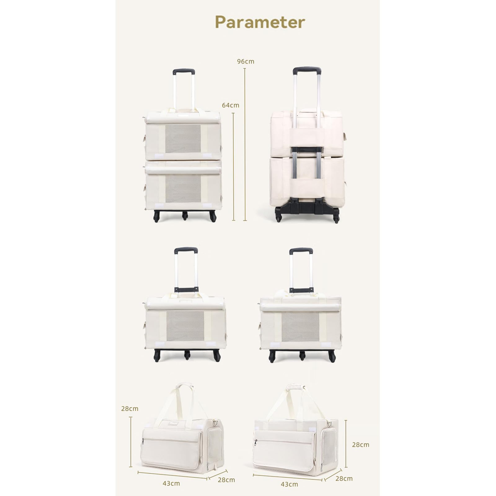 Sac De Transport à roulettes Double Couche pour Animaux De Compagnie avec FenêTres en Filet Et Tapis Amovible pour Deux Chats, Adapté Aux Avions, Au Camping Et à L'ExtéRieur, Blanc (Single Layer)