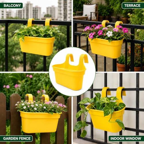 Image of Go Hooked 12 Inch Plastic Railing Hanging Planter Pot Set of 3 | Rectangular Flower Pots with Double Hook for Garden Fence Balcony Indoor Outdoor Home Decor | Durable Plant Container (Yellow)