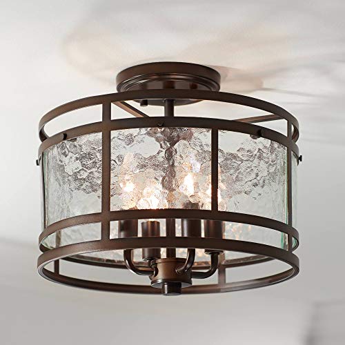 Franklin Iron Works Elwood Finish Rustic Industrial Ceiling Light Semi-Flush Mount Fixture Oil Rubbed Bronze 13 1/4' Wide Water Glass Drum for House Bedroom Hallway Living Room Bathroom Kitchen