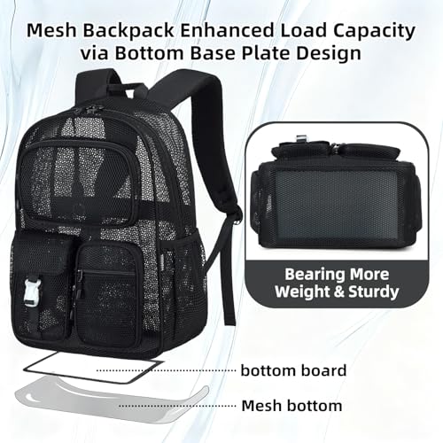 Image of Heavy Duty Mesh Backpack with Rain Cover For Stadium Event,16in Net Bookbag | Black See Through Net Backpack Semi-Transparent Large Lightweight Breathable for School Work Swimming Beach Fitness Sport