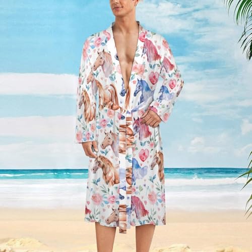 Watercolor Horses Hearts Flowers Funny Men's Robe Soft Lightweight Bathrobe Long-sleeve Spa Robes2