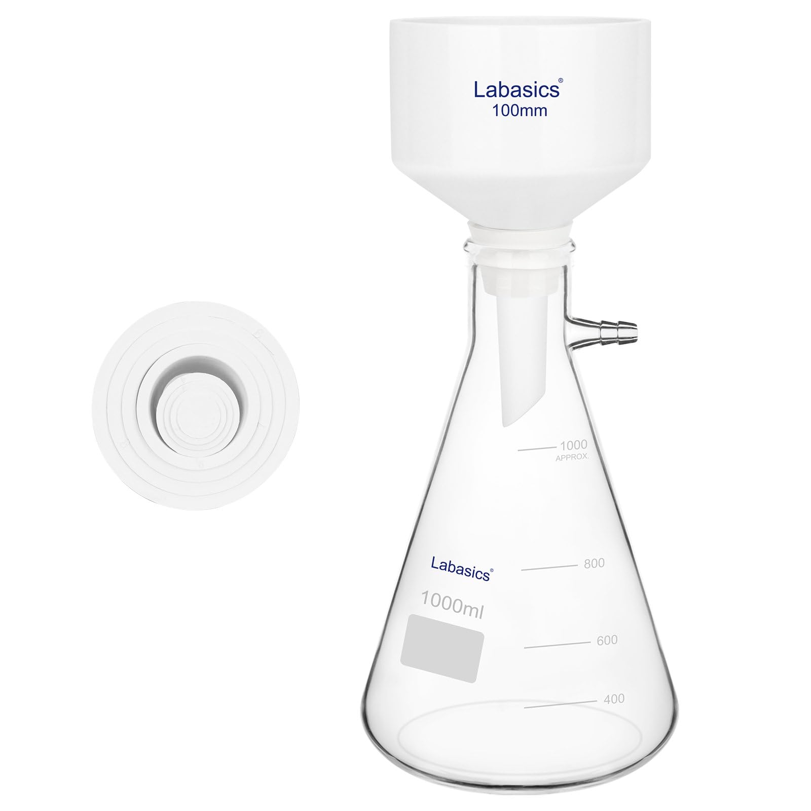 Labasics Entonnoir Büchner en Porcelaine, Entonnoir Buchner de 100 mm de Diamètre Extérieur et Fiole 1 L en Borosilicate avec Adaptateur Caoutchouc pour Laboratoire
