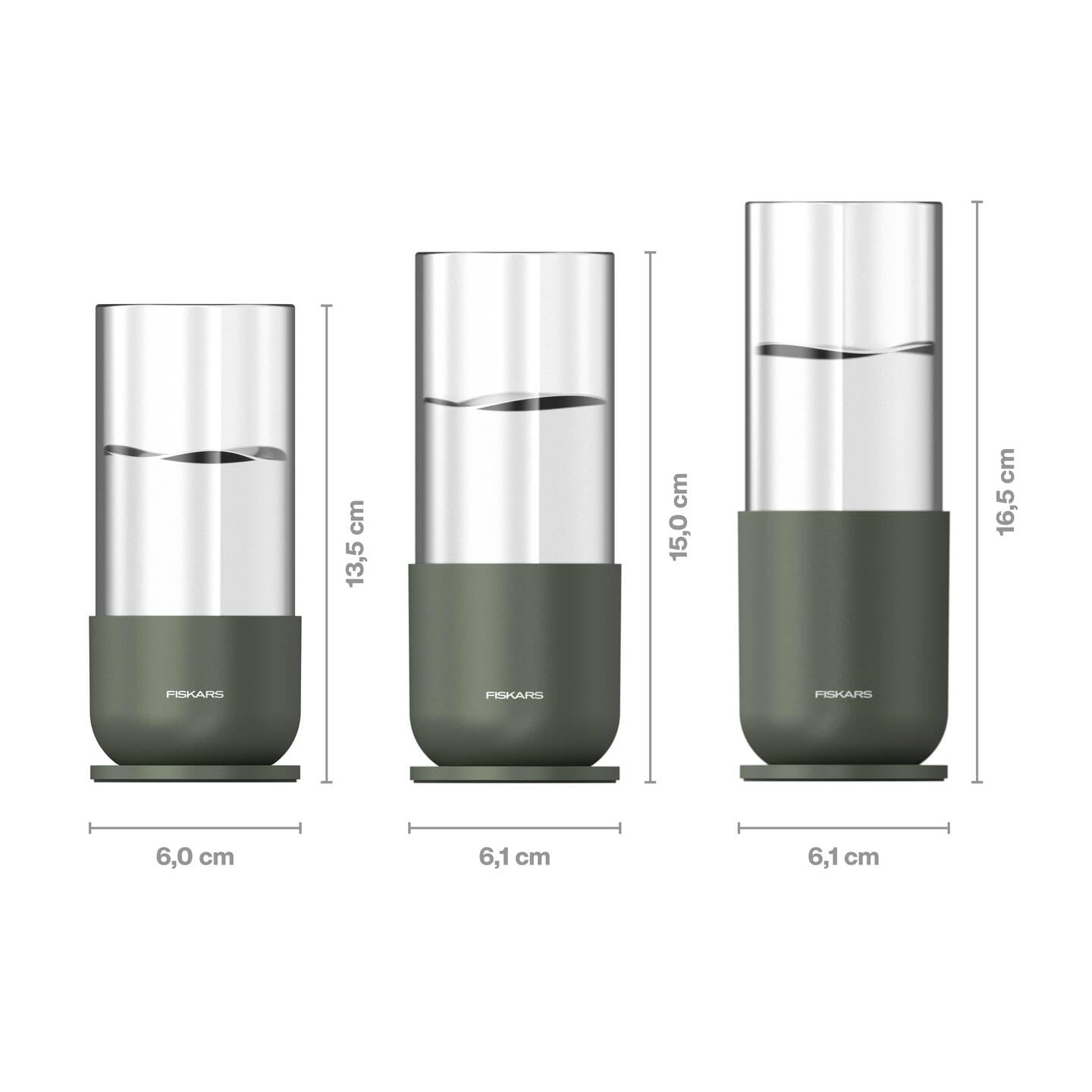 Fiskars Urban Plant Care Set de Pots de Culture, 3 Pcs | Pour la Propagation des Boutures, 3 Pots en Verre et 3 Supports en Métal, Vert Olive, 1080910
