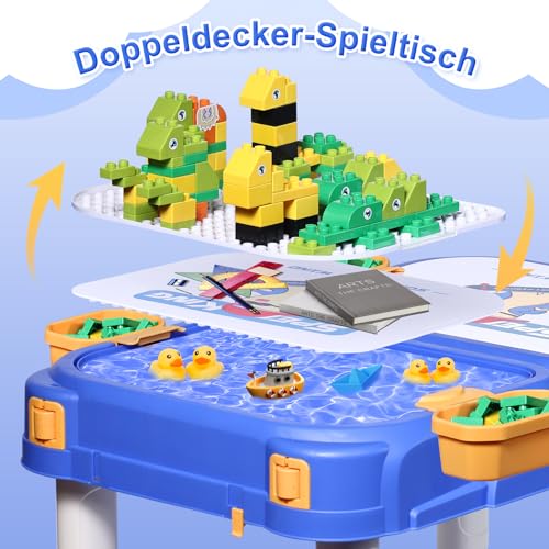 fygurso Kindertisch mit Stühle, Kinder Tisch Stuhl Set ab 3 Jahre mit 90 Stück Kompatible Große Bausteine, Spieltisch Kinder Umbaubar in eine Box mit Rädern Zum Fahren, Kindertisch mit 1 Stuhl als