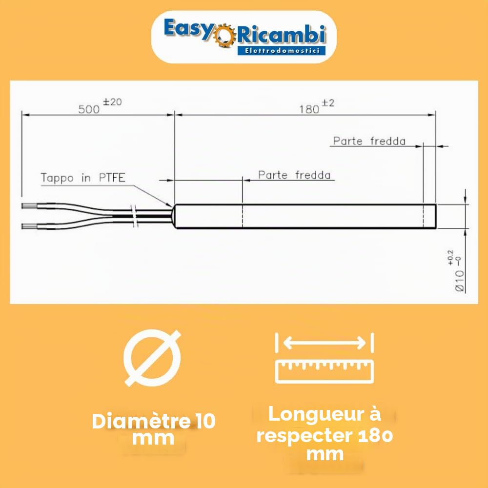 Easyricambi - Bougie d'allumage pour poêle à pellets 320W, modèle linéaire de diamètre 10 mm et longueur 180 mm, résistance pour un chauffage rapide, pièce de rechange pour de nombreux modèles de