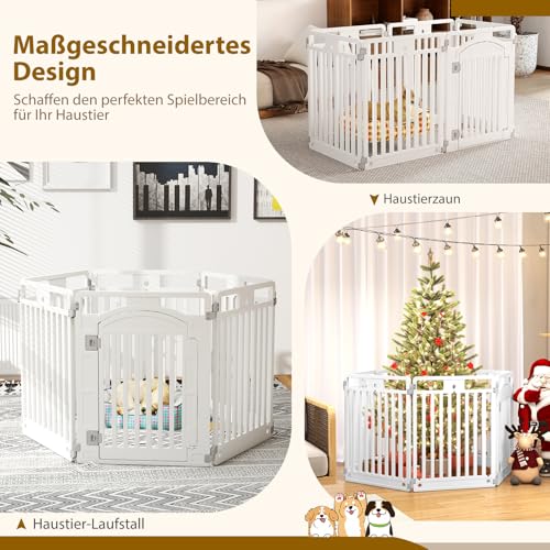 COSTWAY Welpenauslauf faltbar, Welpenlaufstall mit 6 Paneelen, abschließbarer Tür & Bodennägeln, 80 cm hoch, Hundelaufstall Outdoor Indoor, Laufstall Hund, Hundeauslauf aus Kunststoff, Weiß
