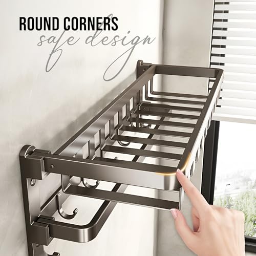 Image of iBELL 59 cm (23.2-Inch) Stainless Steel Folding Bathroom Towel Holder | Towel Rack for BathroomTowel Stand with Shelf - Matt Black | Corrosion Resistant, Anti-Peel and Scratch Resistant |