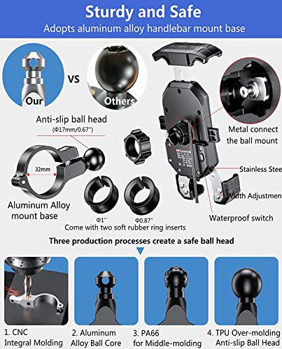 Kewig Waterproof Motorcycle Phone Mount Qi 15W Wireless & Usb C 20W Fast Chargeing Port, One-Push Automatically Lock & Quick Release Handlebar Cell Phone Holder For 4-7'' Phones #TOP3