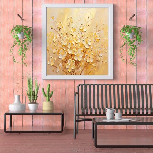 Tableau Abstrait Moderne peint main texture impasto fleurs blanches et or 70x70 cm - 6