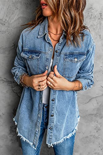 chouyatou Women's Distressed Oversize Frayed Hem Trucker Denim Jean Jacket Shirt Shacket3