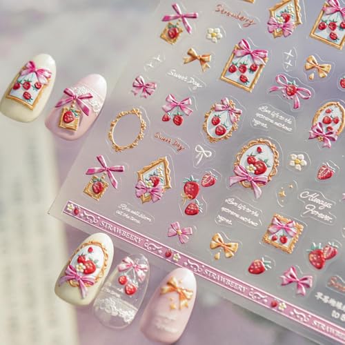 Image of Strawberry & Bow Nail Stickers for Nail Art - Retro Frame Design 5D Embossed Self Adhesive Nails Decals for Women Manicure DIY Decoration Accessories Supply Charms (1 Sheet)
