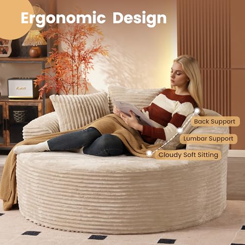 Image of HOOOWOOO Cloud Round Couch for Living Room,Oversized Single Sofa No Assembly,Matching Plush Corduroy Chaise Lounge Accent Chair for 1 to 2 Persons(Beige)