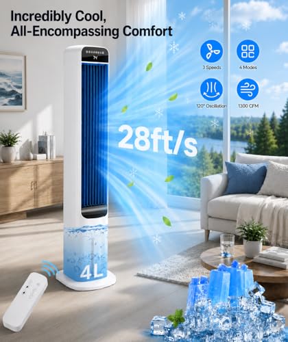 Image of Uthfy 41 Inch Portable Air Conditioners, 3-in-1 Swamp Cooler Air Conditioner with 120 Oscillation, 4 Modes, 3 Speeds,4L Water Tank,4 Ice Packs, Cooling Fans that Blow Cold Air with Remote