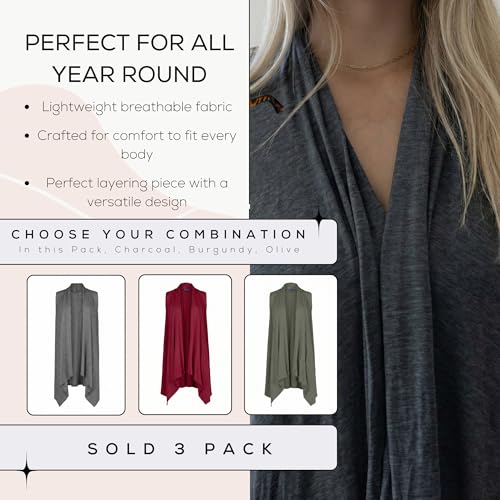 Image of Azules Sleeveless Cardigan for Women, Soft Lightweight Duster Open Front Sleeveless Long Cardigan Vest (3 Pack)