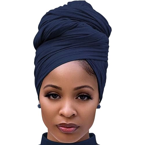 Harewom Head Wrap for Black Women Long Breathable Turban Jersey Headwrap Hair Scarf Navy Blue