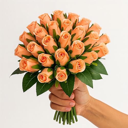 Image of Set of 24 Artificial Rose Flowers Bunches for Vase - Home Decoration Gift Items for Living Room Corner Table Top Bedroom Wedding (Pot Not Included) - 24 CM (Orange)