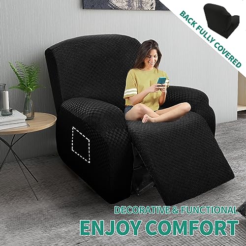 Image of YEMYHOM 4 Pieces Oversized Stretch Recliner Slipcover Jacquard Large Recliner Chair Cover with Side Pocket Anti-Slip Fitted Furniture Protector with Elastic Bottom (X-Large Recliner, Black)